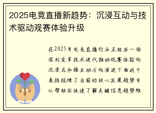 2025电竞直播新趋势：沉浸互动与技术驱动观赛体验升级